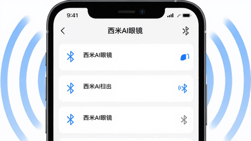 画面主体为一部智能手机屏幕特写,屏幕上显示“西米AI眼镜”应用的设备扫描列表界面,列表中有三个设备条目并带有蓝牙信号图标,布局为居中展示手机,风格为扁平化UI设计风,细节上手机周围环绕淡蓝色蓝牙波纹线条,画质高清干净,背景为纯白,无多余元素