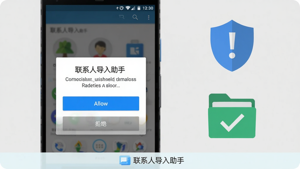 画面主体为一部安卓手机显示联系人导入助手权限授权弹窗界面,旁边放置一个带感叹号的盾牌图标和一个对勾标记的存储文件夹,布局为手机居中偏左、图标右侧上下排列,排版底部有一条浅色提示条,风格为扁平化UI示意图,细节包括白色弹窗卡片、蓝色允许按钮、灰色拒绝按钮、浅灰背景,画质高清、干净、无多余元素,图片中文字标注“联系人导入助手”