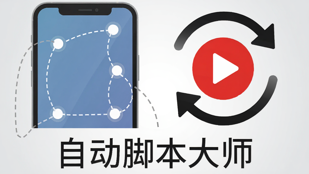 一部手机屏幕中伸出虚线轨迹连接多个点击圆点,形成操作路径,旁边有一个醒目的播放按钮和循环箭头标志,软件名称“自动脚本大师”以简洁字体显示在画面下方,背景为浅灰渐变,扁平化设计风格,画质清晰干净,无多余装饰元素