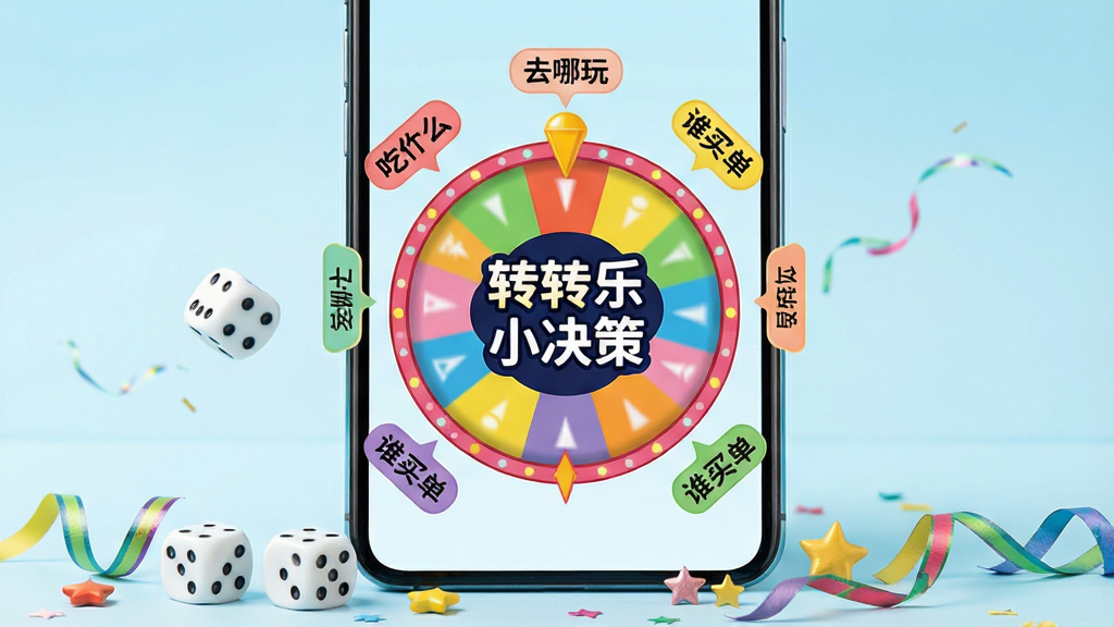 画面中心放置一部智能手机,手机屏幕上显示一个色彩鲜艳的圆形转盘界面,转盘上写有“转转乐小决策”字样,转盘周围环绕着“吃什么”“去哪玩”“谁买单”等小标签,手机下方散落着骰子、小星星和彩带装饰,背景为浅蓝色渐变,整体风格清新活泼,布局居中对称,细节丰富,画质清晰干净,无多余元素