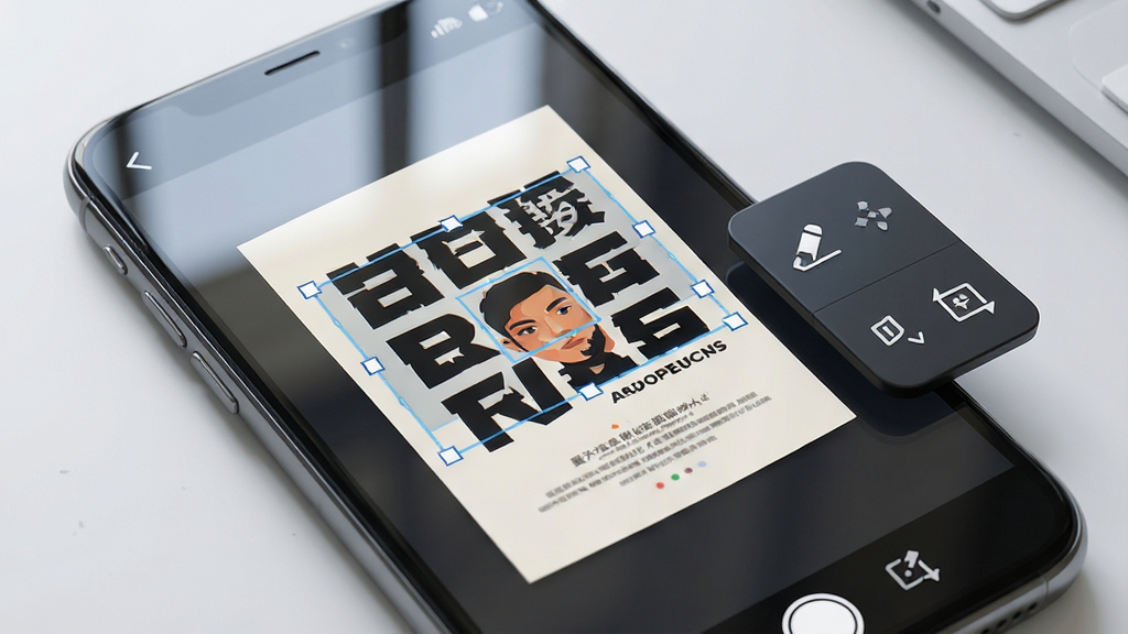 一张手机屏幕展示图片编辑界面,画面中央是一张带有文字的海报图,文字区域被高亮框选,右侧悬浮工具栏显示擦除与替换图标,背景为简洁浅色工作台,整体风格清爽现代,细节表现屏幕反光与图标质感,画质清晰干净,无多余元素