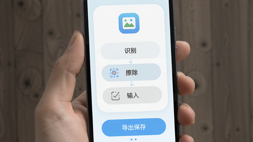 手机屏幕展示四步操作流程示意图,顶部为导入图片图标,中间依次排列识别、擦除、输入三个功能按钮,底部为导出保存按钮,整体采用卡片式布局,浅色背景搭配圆角图标,风格简约清新,画质干净,无多余文字装饰
