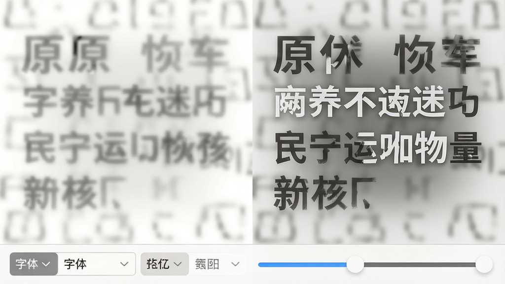 一张图片局部放大展示,左侧为原文字被擦除后的干净背景,右侧为新输入文字叠加在背景上,文字边缘与背景过渡自然,界面下方显示字体选择与颜色调节滑块,风格写实细腻,画质清晰,构图左右对比,无多余元素