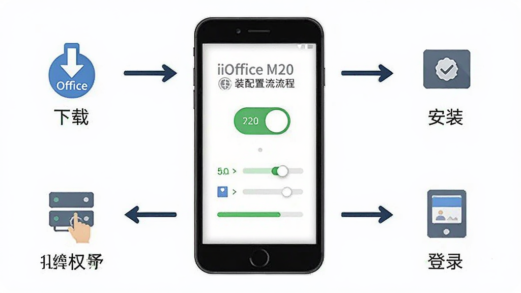 iOffice M20��װ��������ͼ���������ֻ���ĻΪ���ģ���Χ�ü�ͷ���������ء���װ��Ȩ�����衢��¼�ĸ�����ͼ�꣬���ֲ������������Ű棬���Ϊ�����Ϣͼ��ʽ��ϸ�ڰ���Ȩ�޿���ͼ�������ָʾ�����������������ɾ�
