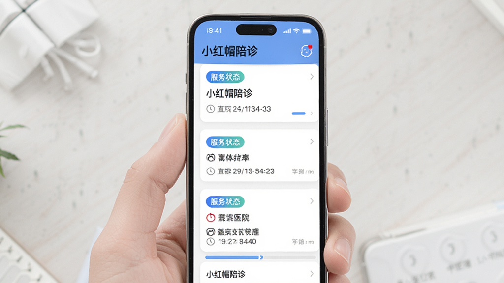 ����Ϊ�ֻ���Ļչʾ�����б�ҳ�棬����Ϊ�������еĶ�����Ƭ��ÿ�ſ�Ƭ��������״̬��ǩ��ҽԺ���ơ�ʱ����Ϣ���Ű��������򣬷��Ϊǳɫ��������ɫ��׺���ִ����棬ϸ���С�С��ñ��������������Ԫ�أ�����ϸ�壬������ˬ���޶������