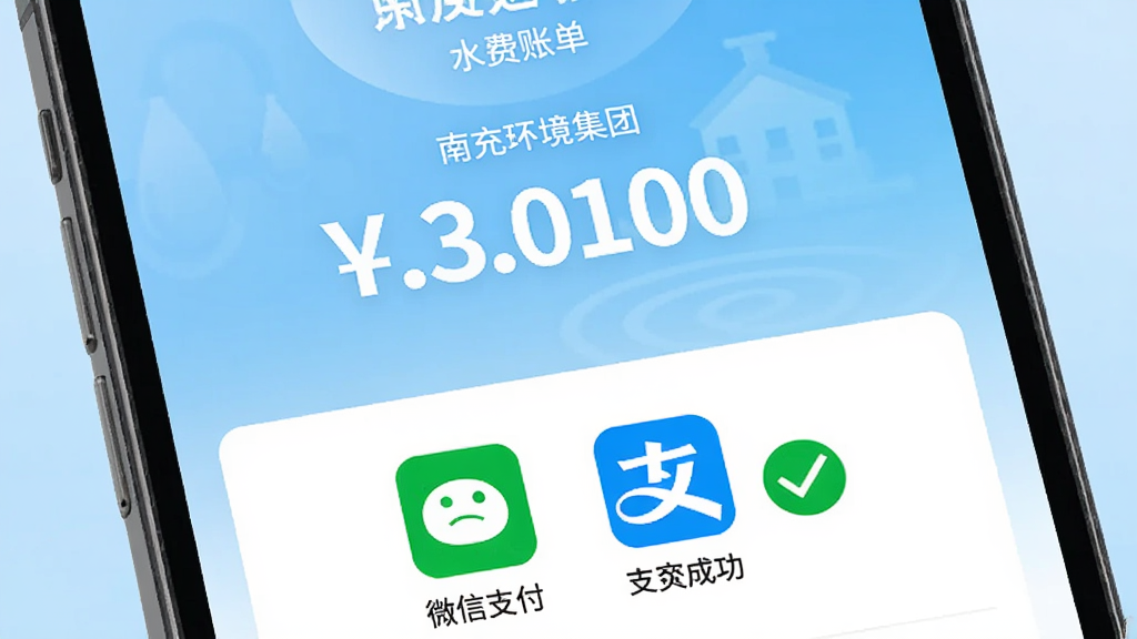 һ���ֻ���Ļ��ʾ�ϳ价������ˮ���˵�ҳ�棬�˵��������Ŀ����չʾ���·�����΢��֧����֧����ͼ�꣬�Ա��нɷѳɹ��Թ���ǣ�����Ϊ����ɫˮ�����⽥�䣬����ִ���Լ��ϸ�����������ʸɾ�