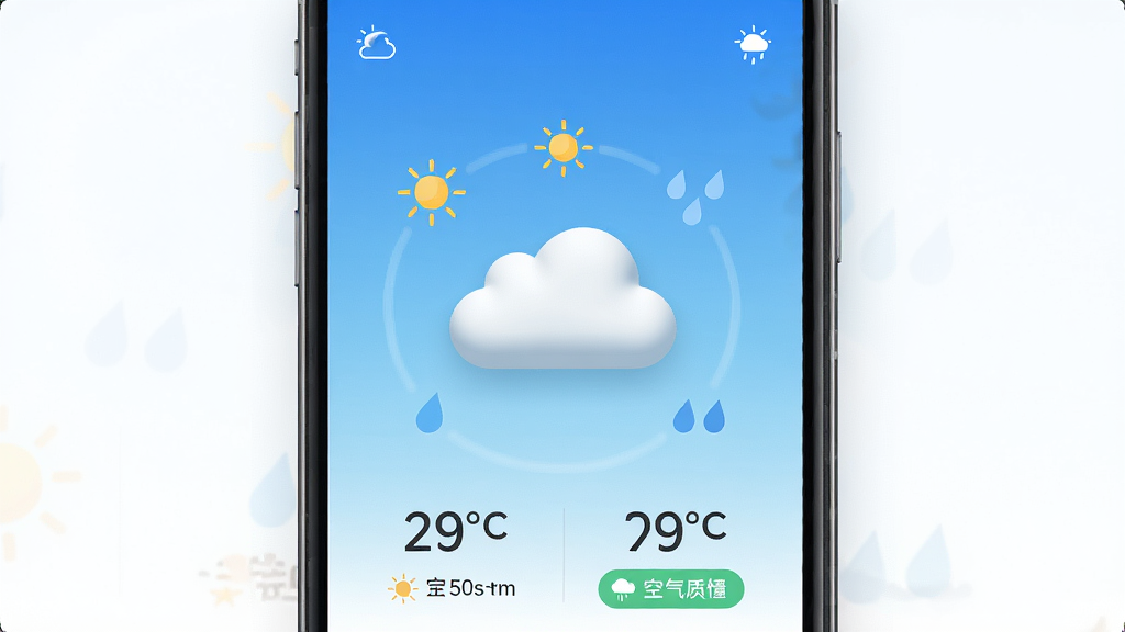 主体为一部智能手机,屏幕显示蓝白渐变的天气界面,中央有一朵立体的白色云朵图标,周围环绕太阳和雨滴的小图标,布局居中对称,排版清晰,风格为清新扁平化设计,细节包含温度数字和空气质量标签,画质高清,干净,无多余元素
