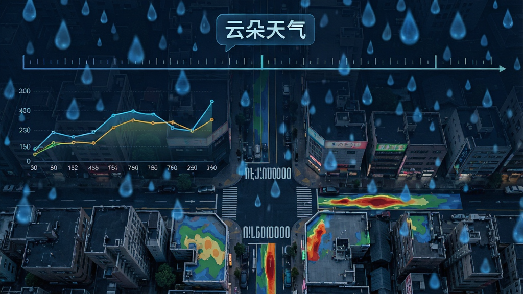 画面主体为城市街道俯瞰图,上方叠加半透明的蓝色雨滴粒子效果与时间轴刻度,布局为上下分层,上方显示“云朵天气”文字标识,排版左侧为分钟级降水折线图,风格为科技感数据可视化,细节包含街道建筑轮廓与雨量色阶,画质高清,干净,无多余元素