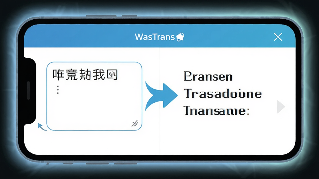 一张表现即时翻译功能的生图,主体为一部手机屏幕特写,屏幕上显示