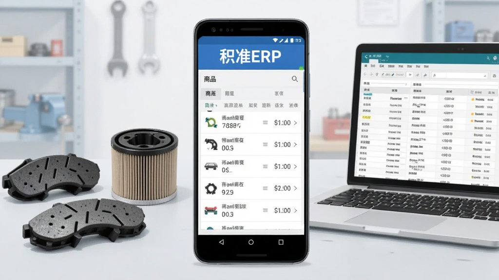 画面中央放置一部竖屏安卓手机,手机屏幕上显示“积准ERP”四个字的标题栏和商品库存列表界面,手机左侧摆放汽车刹车片、滤清器等汽配零件,右侧是一台打开的笔记本电脑,屏幕显示同样的库存管理表格,背景为浅灰色工作室桌面,整体采用简洁商务插画风格,光线柔和,细节清晰,画质干净,无多余装饰元素
