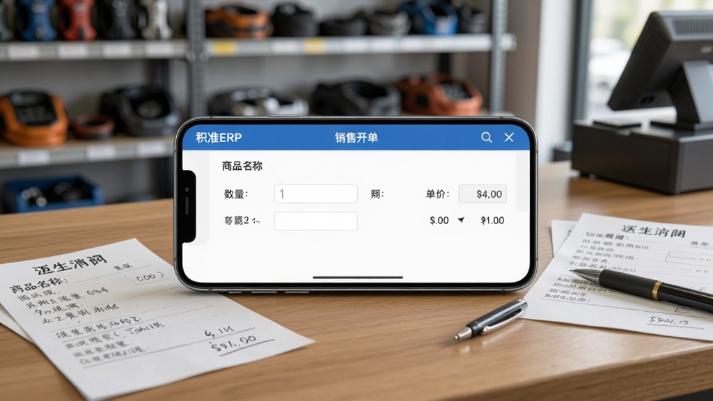 一部手机横放在木质柜台上,屏幕显示“积准ERP”销售开单页面,页面中有商品名称、数量、单价和合计金额输入框,手机旁边散落几张手写送货单和一支笔,背景是汽配门店货架,采用写实产品展示风格,画面明亮整洁,细节丰富,画质清晰,无杂乱物品