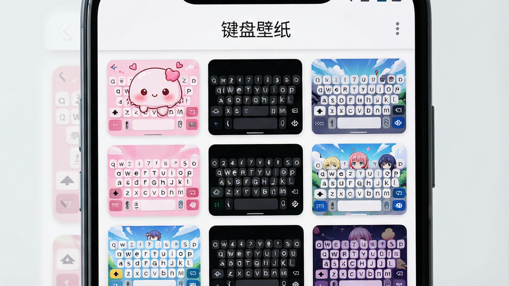 一张安卓手机屏幕特写展示键盘壁纸软件的主界面,画面中央是色彩缤纷的键盘主题预览网格,包含可爱粉色系、深色炫酷系、卡通动漫系等多种风格缩略图,顶部有“键盘壁纸”软件名称文字,整体布局清晰、排版整齐、风格清新现代、细节精致、画质高清、画面干净无多余元素