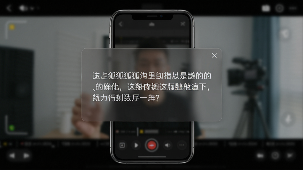 黑狐提词软件主界面展示,手机屏幕中央悬浮着半透明的提词窗口,窗口内显示清晰的中文台词文本,背景为虚化的视频录制界面,画面布局简洁,科技感UI风格,细节精致,高清画质,干净无多余元素