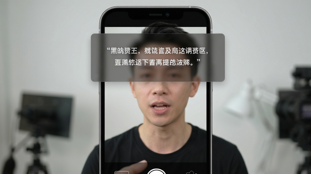 黑狐提词悬浮提词功能展示,手机屏幕上同时显示相机拍摄画面和半透明提词悬浮窗,悬浮窗位于屏幕上方区域,台词文字清晰可见,背景为人物口播场景,布局合理,UI风格清爽,画质细腻,干净无多余元素