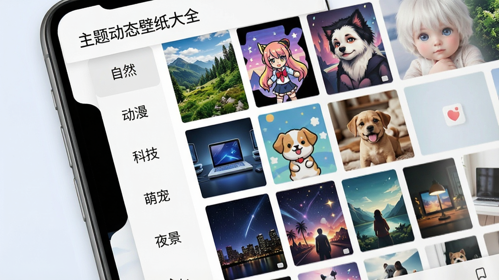 一张软件分类界面展示图,画面中一部手机屏幕显示着“主题动态壁纸大全”的分类导航栏,左侧竖排显示“自然”“动漫”“科技”“萌宠”“夜景”等分类标签,右侧为对应分类的壁纸缩略图网格,缩略图色彩丰富、排列整齐,整体界面风格清爽浅色,画质清晰干净,无多余元素