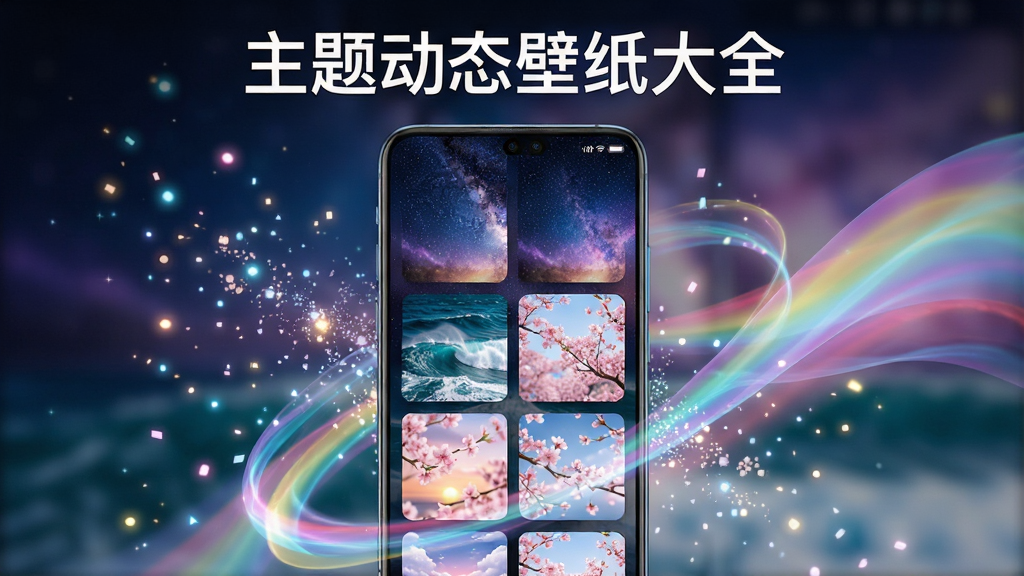 一张手机桌面展示图,画面中央是一部竖屏智能手机,手机屏幕上显示着色彩绚丽的动态壁纸界面,包含星空、海浪、樱花等主题缩略图网格布局,手机周围环绕着飘逸的光影粒子与流动的色彩光带,整体风格清新现代,细节丰富,画质清晰干净,无多余元素,图片上方用文字标注“主题动态壁纸大全”