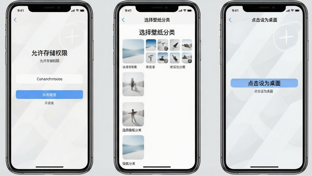 一张手机操作步骤示意图,画面中展示三部手机并排排列,分别显示“允许存储权限”“选择壁纸分类”“点击设为桌面”三个操作界面,界面风格简洁统一,背景为浅灰色,画质清晰干净,无多余元素