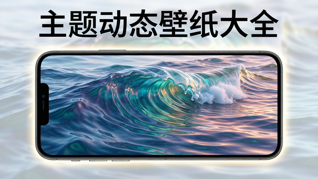 一张动态壁纸播放效果展示图,画面中手机屏幕显示着流动的3D海浪动态壁纸,水波纹细腻逼真,色彩层次丰富,手机周围有轻微的光晕效果,整体风格写实唯美,画质高清干净,无多余元素,屏幕上方用文字标注“主题动态壁纸大全”