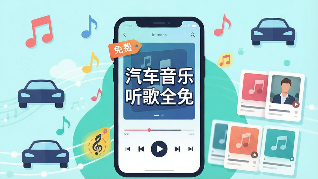 一张以“汽车音乐听歌全免”为主题的扁平风格插画,画面主体是一部手机屏幕显示音乐播放器界面,屏幕中央有醒目的“汽车音乐听歌全免”文字,布局为竖版居中构图,排版上手机置于画面中心、四周环绕音符与汽车轮廓图标,风格为明快清新的矢量插画,细节包含免费标签、播放按钮与歌单卡片,画质干净清晰,无多余元素