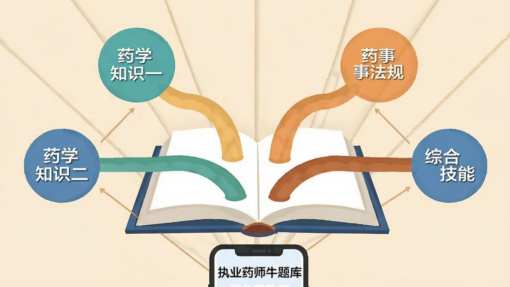 ��������Ϊһ���������鱾����ҳ�������������֧·����ÿ��·������һ��Բ��ͼ�꣬ͼ���ڷֱ�д�š�ҩѧ֪ʶһ����ҩѧ֪ʶ������ҩ�·��桱���ۺϼ��ܡ����鱾�·���һ���ֻ���ʾ��ִҵҩʦţ��⡱����������Ϊǳ��ɫ�����Ϊ��ƽ��Ϣͼ�廭�����ֳʷ���״��ϸ�ڸɾ��������������޶���Ԫ��