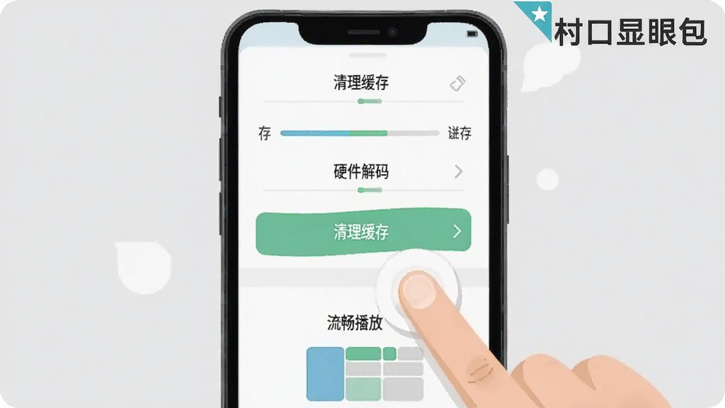 手机屏幕显示“村口显眼包”应用设置界面,界面中有“清理缓存”“硬件解码”“流畅播放”等选项按钮,一只手正点击“清理缓存”按钮,布局为竖屏手机特写,排版上软件名称以角标形式出现在屏幕右上角,风格为扁平化UI插画,细节包括缓存进度条和存储空间示意图,画质干净清晰,背景为浅灰色