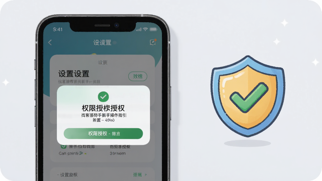 找客源帮手新手操作指引示意图,画面展示一部手机屏幕特写,屏幕上显示权限授权弹窗与设置菜单界面,旁边有一个卡通风格的小盾牌图标与勾选标记,背景为柔和的浅灰色,风格简洁明快,画质清晰,无多余装饰元素
