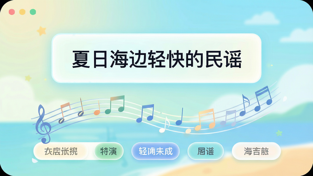 画面主体为AI歌曲生成的文字输入界面,一个发光的文本框内写着“夏日海边轻快的民谣”,文本框下方延伸出五线谱和音符组成的旋律线条,周围有风格标签按钮,布局为上下结构,风格为清新明亮的扁平插画,细节包括柔和的渐变背景和圆角卡片,画质清晰干净,无多余元素