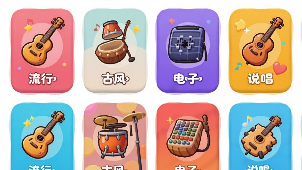 画面展示AI歌曲生成的多风格模板选择页面,屏幕上排列着多个彩色风格卡片,分别标注流行、古风、电子、说唱等字样,卡片上有对应的乐器图标,布局为网格状排列,风格为活泼的卡通插画,细节包括明亮的色彩和圆润的图标设计,画质高清干净,无多余元素