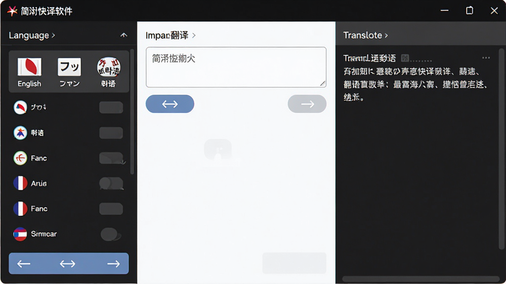 画面主体为简珩快译软件的多语种翻译界面,布局为左侧语言选择列表、中部输入框、右侧译文展示区,排版采用三栏式信息结构,风格为现代简约UI设计,细节包含英语、日语、韩语、法语等语言标识图标与双向箭头切换按钮,画质高清干净,背景为纯白色,无多余元素