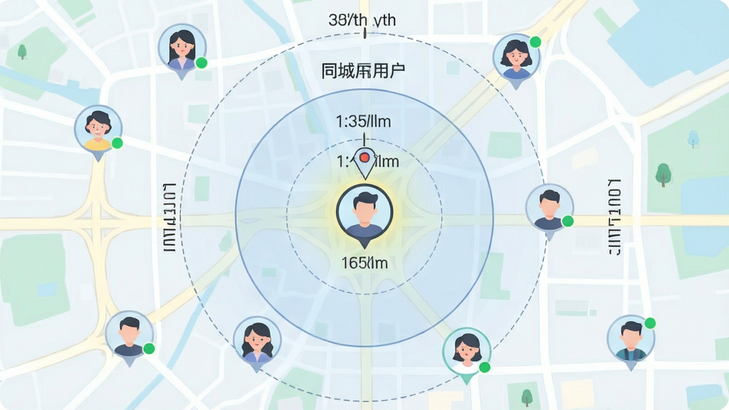 同城速配聊同城定位功能展示,画面主体为一张城市地图俯视图,地图上分布多个用户头像标记,中心位置高亮显示当前用户位置,周围用同心圆表示距离范围,布局为地图占满画面、头像标记均匀分布,风格为清新浅色系扁平插画风,细节包括定位指针、距离刻度线、在线用户绿色圆点,画质干净清晰,无杂乱元素