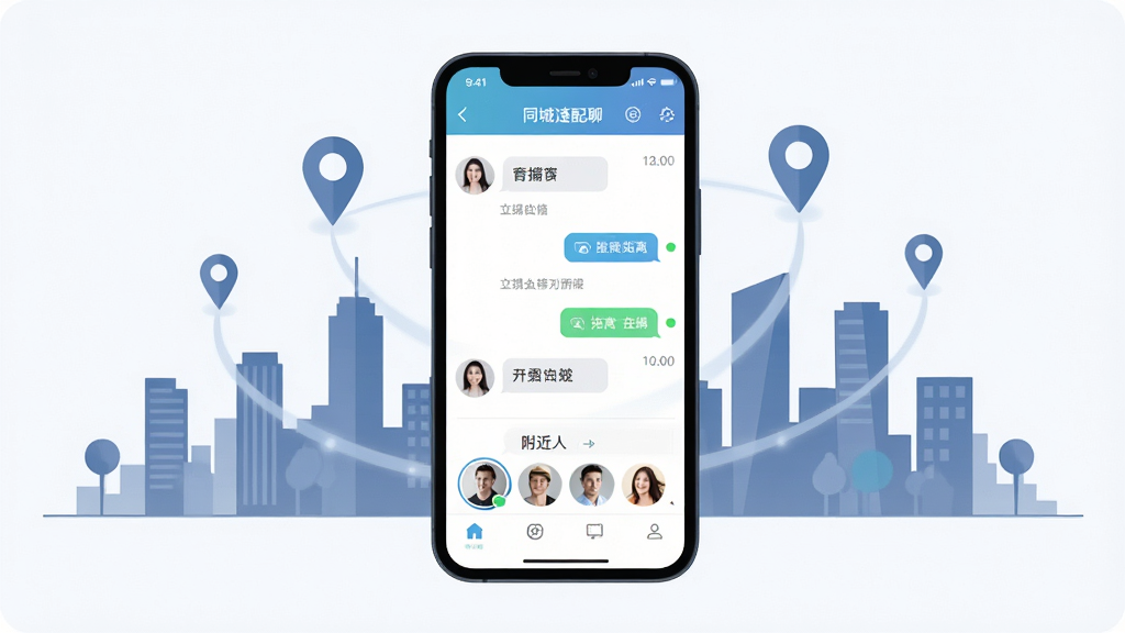 同城速配聊软件主界面展示,画面中央放置一部智能手机,屏幕显示同城速配聊的聊天列表与附近的人推荐页面,手机周围环绕城市剪影与定位图标,布局为居中构图,排版简洁明了,风格为现代扁平化科技风,细节包括头像气泡、距离标签、在线状态圆点,画质清晰干净,无多余装饰元素