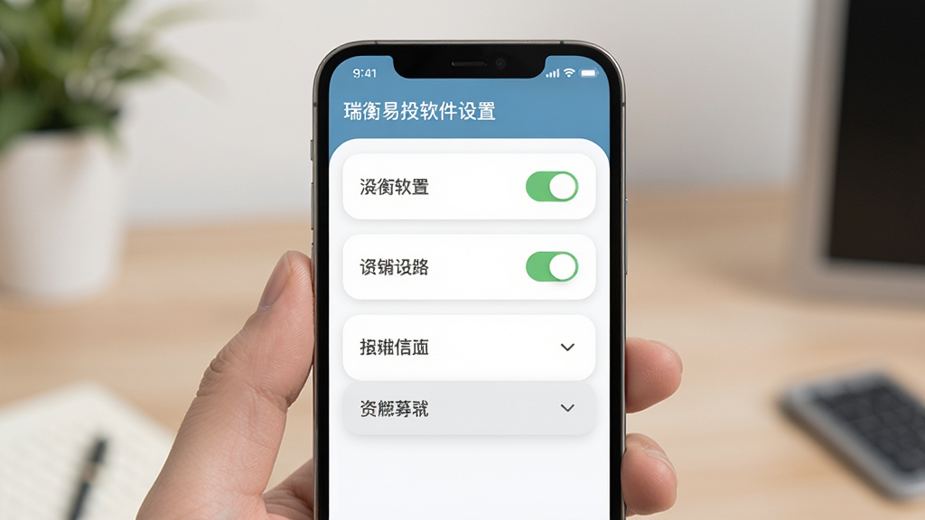 瑞衡易投软件设置页面展示,手机屏幕内显示多个设置选项开关和下拉菜单,界面采用圆角卡片设计,配色温和,风格亲切自然,画面干净整洁