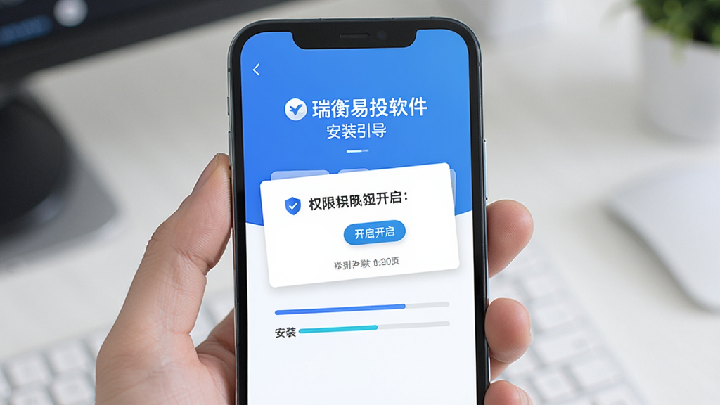 瑞衡易投软件安装引导页面展示,手机屏幕内显示权限开启提示和安装进度条,界面简洁明了,配色以蓝色和白色为主,风格清爽干净,画质高清