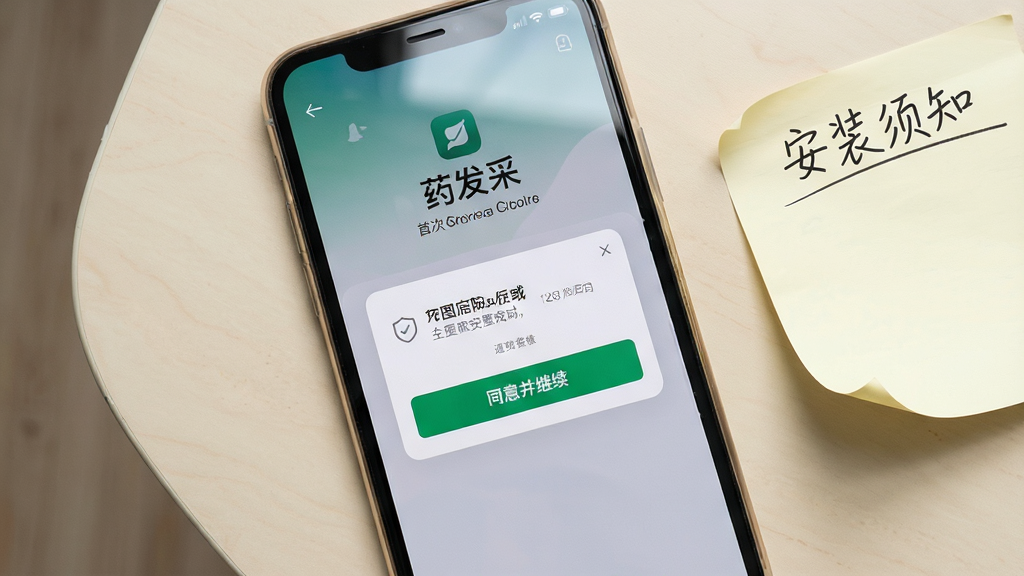 生图提示词:主体是一部手机屏幕特写,显示“药发采”应用安装完成后的首次启动引导页,页面中有权限提示弹窗与“同意并继续”按钮;手机平放在浅色桌面上,旁边有一张写有“安装须知”字样的便签纸;布局为俯拍视角,手机位于画面中央;排版上弹窗按钮醒目,便签文字手写风格;风格为简洁教程配图风,光线均匀;细节上屏幕反光自然,便签边缘微微卷起;画质清晰干净,背景无杂乱物品。