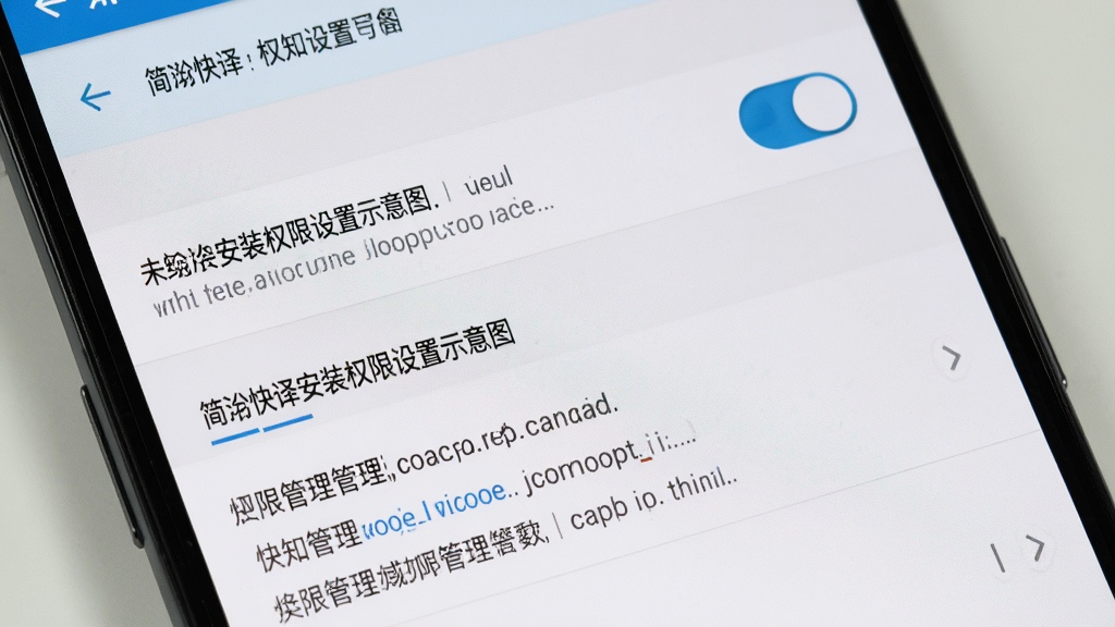 简珩快译安装权限设置示意图,画面为安卓手机设置界面特写,显示未知来源安装开关与权限管理列表,界面元素清晰,背景为浅色,风格写实,细节干净,无多余元素