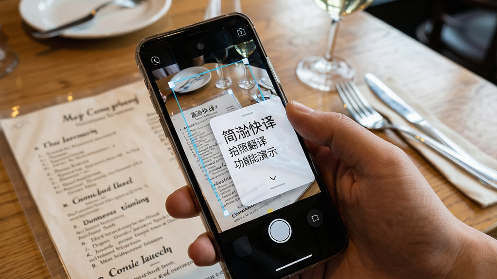 简珩快译拍照翻译功能演示图,画面为一只手持手机对准一份英文菜单拍照,手机屏幕内显示识别框与中文译文浮层,背景为餐厅桌面,风格写实,细节清晰,画质干净,无多余元素