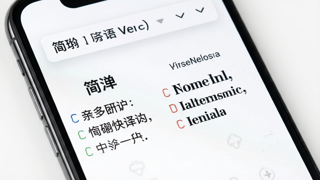 简珩快译软件多语种翻译界面展示图,画面为手机屏幕特写,屏幕内并列显示中文与英文译文对照,顶部有语言切换下拉菜单,背景为白色,风格清爽,细节清晰,画质干净
