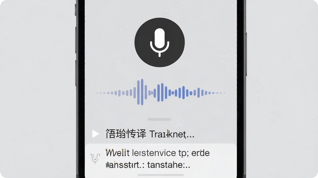 简珩快译语音翻译功能界面图,画面为手机屏幕显示麦克风图标与声波波形,屏幕下方显示语音转写文字及译文,背景为浅灰色,风格简约,细节清晰,画质干净