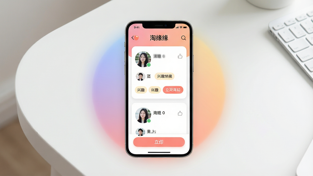 一张手机屏幕展示社交应用界面的场景图,画面中央是一部竖屏智能手机,屏幕上显示卡片式交友推荐页面,顶部有“淘缘缘”字样,页面包含用户头像卡片、兴趣标签和互动按钮,手机周围有柔和的渐变光晕,背景为浅色简约桌面,风格清新现代,细节清晰,画质干净,无多余元素