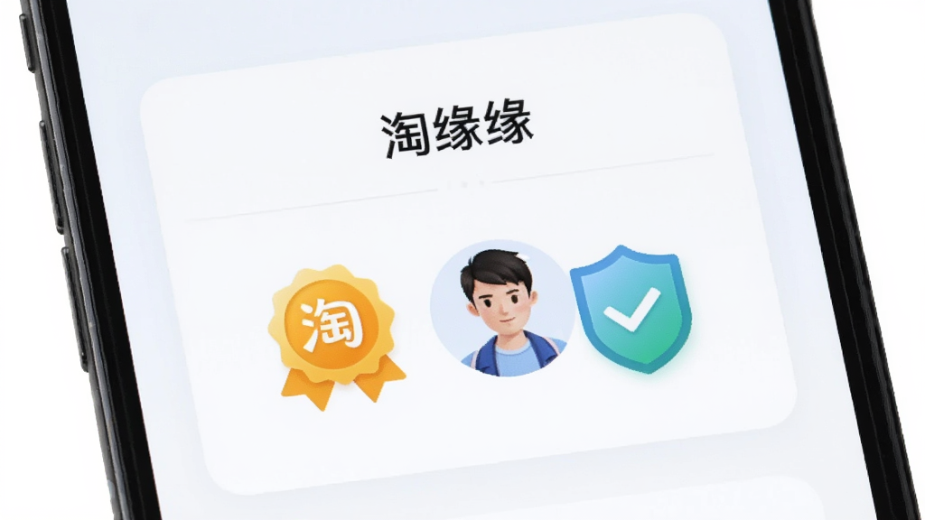 一部手机屏幕显示“淘缘缘”真人认证页面,画面中有认证徽章图标与用户头像,旁边配有盾牌与对勾元素象征安全认证,整体布局为居中卡片式排版,风格简洁明亮,细节清晰,画质干净,无多余元素