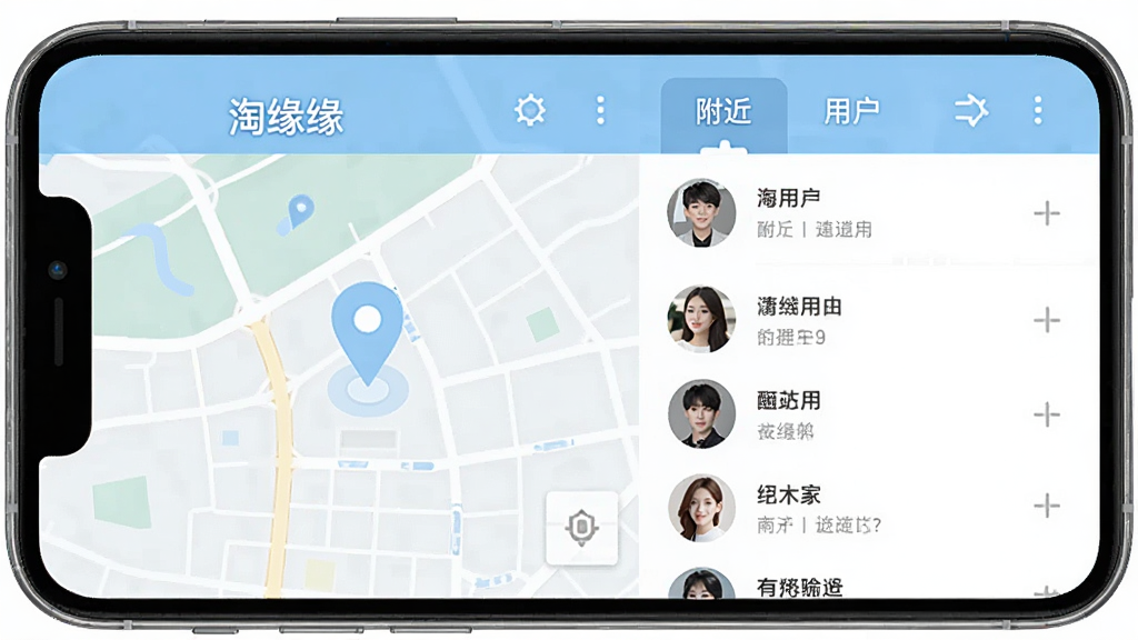 手机界面展示“淘缘缘”同城附近页面,画面中有地图定位标记与附近用户头像列表,配色以浅蓝和白色为主,布局清晰分为地图区与列表区,风格清爽现代,细节清晰,画质干净,无多余元素