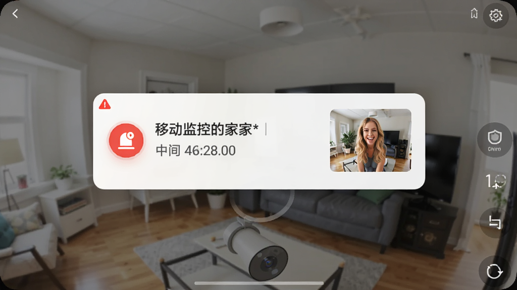 手机监控看家超清晰移动侦测报警功能展示,主体为手机屏幕弹出报警通知卡片,布局为通知卡片居中悬浮于监控画面之上,排版突出报警图标与时间信息,风格为现代UI设计风格,细节包括红色警示标识、画面缩略图和推送时间,画质高清,干净,无多余元素