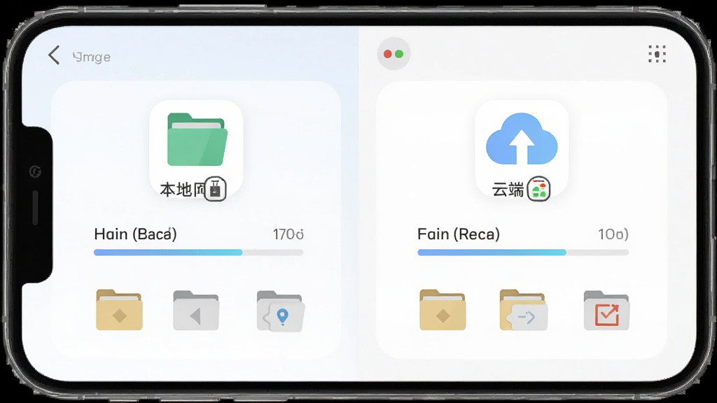 手机监控看家超清晰本地与云端双存储功能展示,主体为手机屏幕显示存储管理界面,布局为左右分栏分别展示本地存储和云端存储图标,排版对称工整,风格为清新浅色扁平风格,细节包括存储容量进度条、文件夹图标和同步状态标识,画质高清,干净,无多余元素