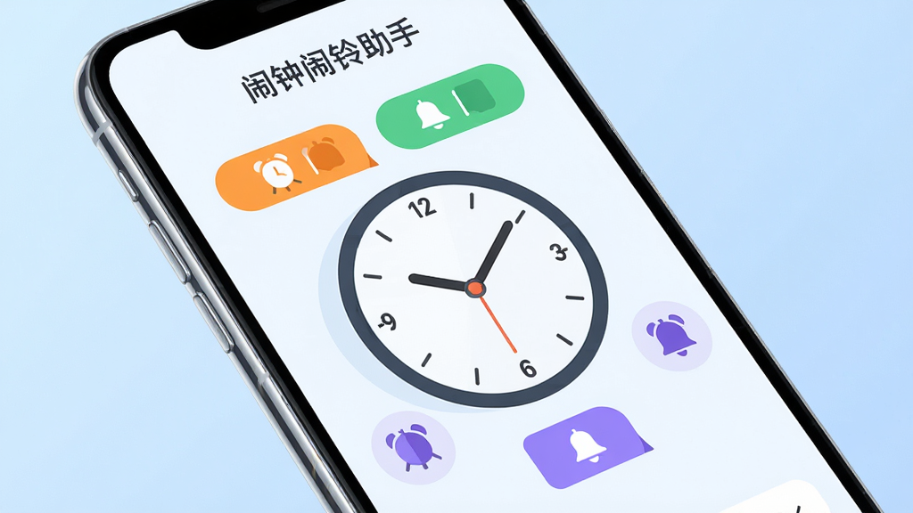 画面主体是一部现代智能手机,屏幕上显示“闹钟闹铃助手”的软件界面,界面中央是一个醒目的圆形时钟表盘,周围环绕着多个彩色闹钟标签和铃铛图标;布局采用居中对称构图,手机略微倾斜摆放,背景为柔和的浅蓝色渐变;风格为干净清爽的扁平化UI插画风,细节上手机边缘有细微高光,时钟指针清晰,闹钟标签颜色分别为橙、绿、紫,画质高清,画面干净无多余元素。