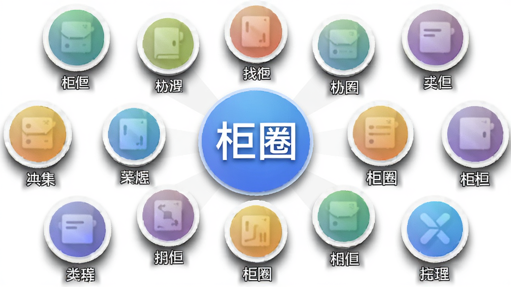 界面中多个圆形圈子图标环绕排列,每个图标下方标注圈子名称,中央为“柜圈”文字标识,布局呈放射状,风格为轻拟物图标设计,细节包含图标阴影与渐变填充,画质清晰干净无多余元素