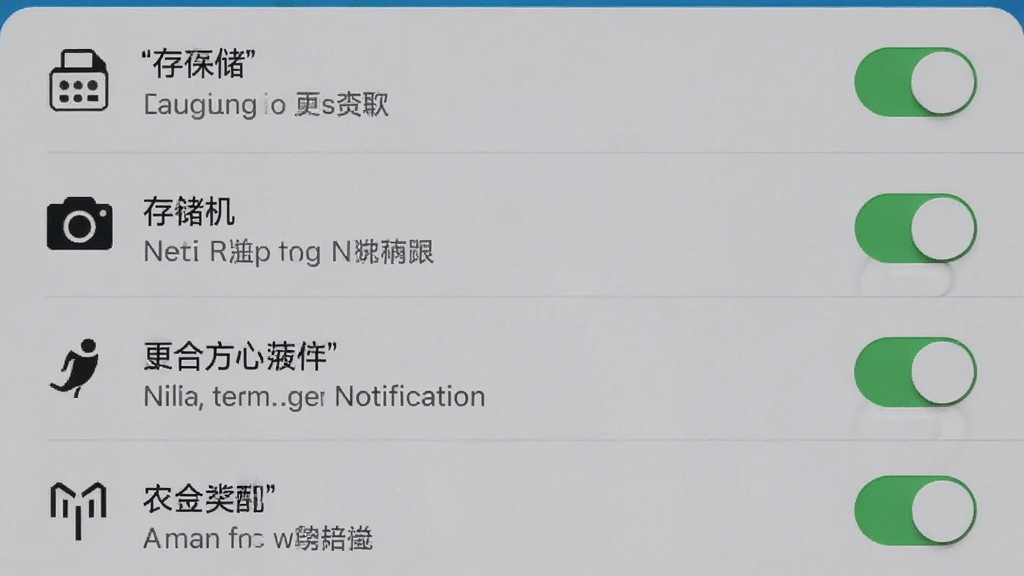 手机设置界面展示应用权限管理页面,列表包含存储、相机、通知等开关项,背景为浅灰色系统界面,风格为真实手机截图质感,细节包含开关按钮与权限说明文字,画质清晰干净无多余元素