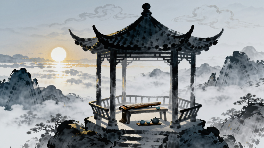 画面为水墨风格的山间亭台,远处日月同辉映照云海,近处亭中摆放着古琴与茶具,整体色调为青灰与淡金,风格为写意国风插画,布局以亭台为视觉中心,细节柔和,画质细腻,干净无多余元素