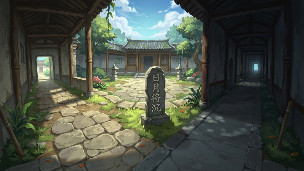 画面为岔路口场景,一条路通向明亮开阔的庭院,另一条路通向幽暗深邃的回廊,路口中央立着一块刻有