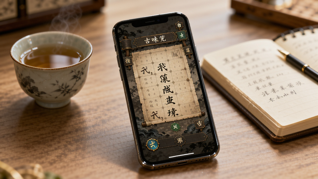 画面为手机屏幕特写,屏幕中显示古风解谜游戏界面,旁边摆放着一杯茶与一本笔记,背景为柔和的书桌环境,整体风格为清新写实的数码产品场景图,布局以手机为视觉中心,细节清晰,画质干净,无多余元素