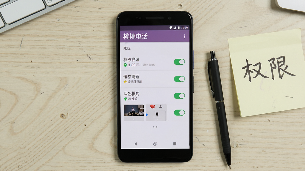 画面主体是一部安卓手机屏幕显示“桃桃电话”设置页面,页面中包含权限管理、缓存清理、深色模式开关等选项;手机平放在浅色桌面上,旁边有一支笔和一张写有“权限”字样的便签;布局为俯拍视角,手机居中;风格为实用教程配图风;细节上界面文字清晰,开关按钮有明确的开与关状态,便签字迹自然;画质为高清、干净、无多余元素